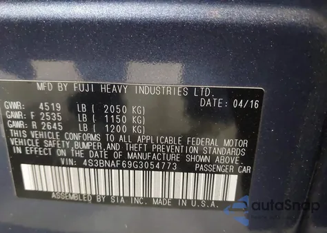 2016 Subaru Legacy 2.5I Premium from USA, damaged, VIN 4S3BNAF69G3054773